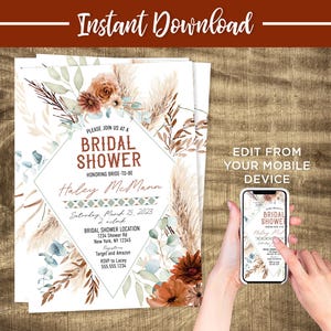 Boho Bridal Shower Invitation Template, Shower Invites, Bohemian Bridal Shower, Instant Download, Digital Invitation, Western, Baby Girl
