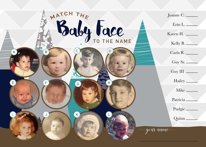 Baby Boy Adventure Awaits Baby Shower Match the baby face to the name co-ed baby shower Unique Shower Game Mountain Baby Shower Game
