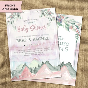 Mountain Baby Shower Invitation, Baby Girl, Baby Shower Invite, Greatest Adventure, Pink, Sage, Printable, Co-ed baby shower invitation