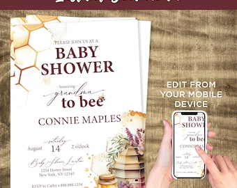 May include: A printable baby shower invitation with a honeycomb pattern and a bee illustration. The invitation says "Please join us at a Baby Shower honoring grandma to be Connie Maples". The invitation also includes the date, time, and location of the event. The invitation is editable and can be customized to fit your needs.