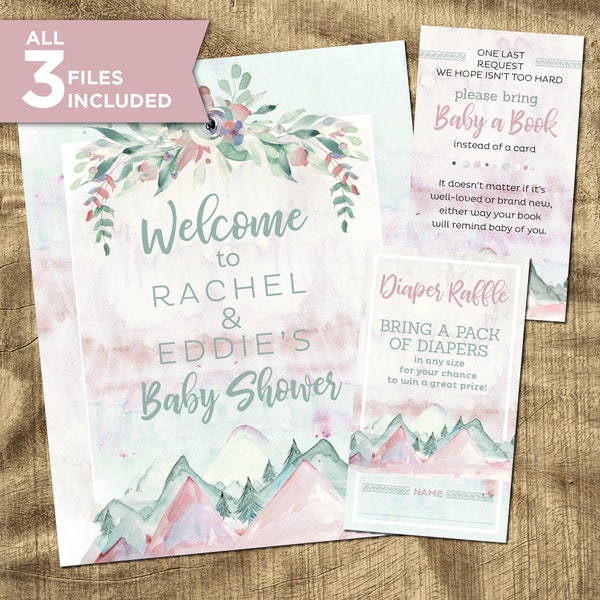 Baby Shower Welcome Sign, Diaper Raffle Ticket, Coed Baby Shower Games, Adventure Theme, Mountain, Baby Shower Girl, Baby Shower Bundle