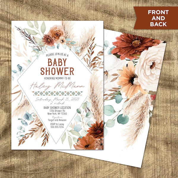 Co-ed shower invite, Boho Baby Shower Invitation, Pampas grass, eucalyptus, Unique Shower Invitations, Western, baby shower boy, Fall, coed