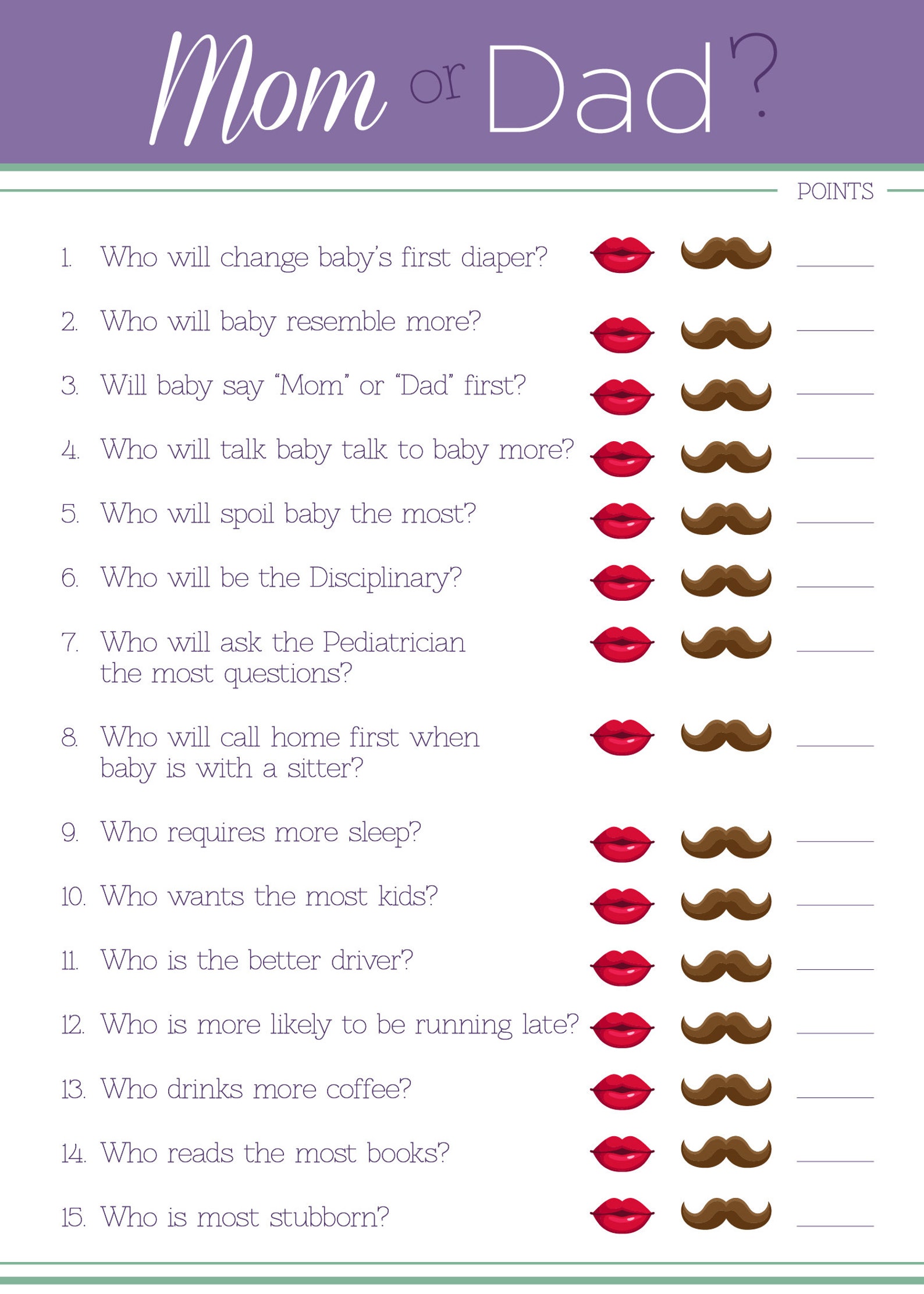 Mom or Dad Quiz Co-ed Baby Shower Game Baby Girl Fun Coed - Etsy