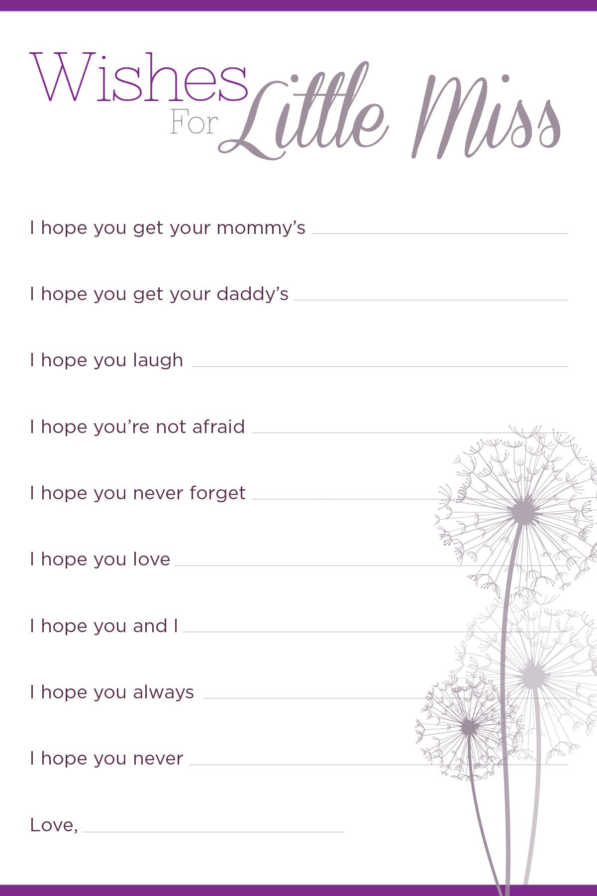 Purple Baby Shower Kit Dandelion Coed Baby Shower Baby Etsy