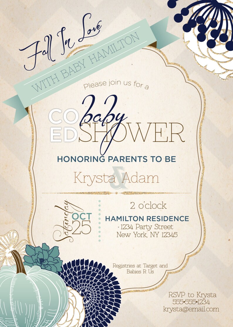 Vintage Pumpkin Gold Autumn Invitation Kit Sparkle Aqua Baby Boy Shower Rustic Fall Party Kit Chevron Floral Blue Navy Co-ed