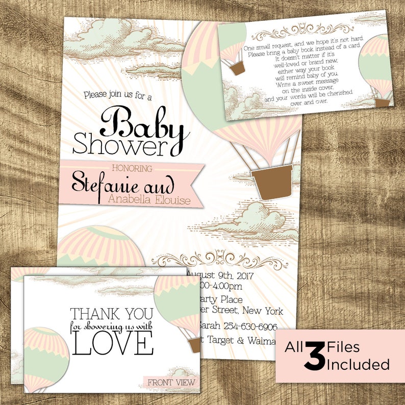 Baby Girl Shower Invitation Kit Co Ed Hot Air Balloon Etsy