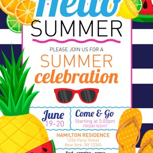 Puede incluir: Una colorida invitaci&oacute;n a una celebraci&oacute;n de verano con el texto "Hello SUMMER". El dise&ntilde;o incluye ilustraciones de frutas, gafas de sol y chanclas. El evento est&aacute; programado para el 19-20 de junio. La invitaci&oacute;n incluye la direcci&oacute;n.