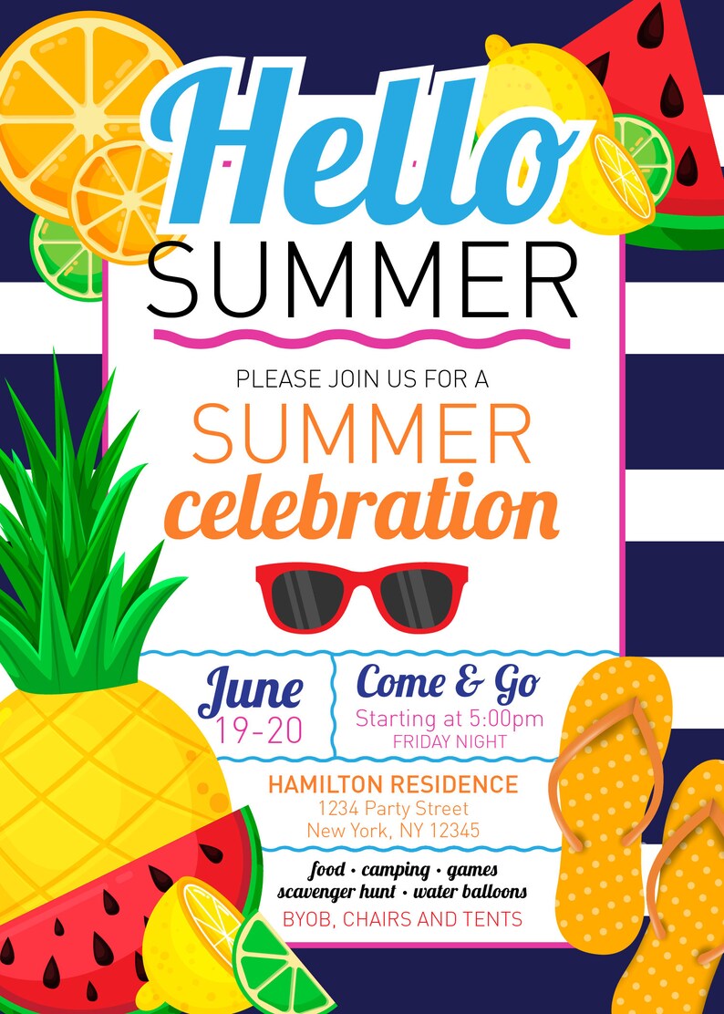 Puede incluir: Una colorida invitaci&oacute;n a una celebraci&oacute;n de verano con el texto "Hello SUMMER". El dise&ntilde;o incluye ilustraciones de frutas, gafas de sol y chanclas. El evento est&aacute; programado para el 19-20 de junio. La invitaci&oacute;n incluye la direcci&oacute;n.