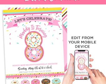Invitación de cumpleaños de donut editable, invitaciones de cumpleaños número 8, invitación de donut diy, descarga instantánea, invitada chica, invitaciones digitales