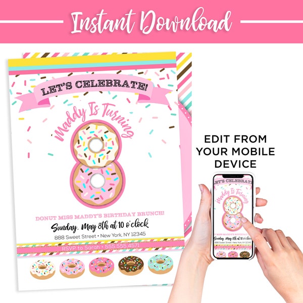 Editable Donut Birthday Invitation, 8th Birthday Invitations, DIY Donut Invitation, Instant download, Invitation Girl, Digital Invitations