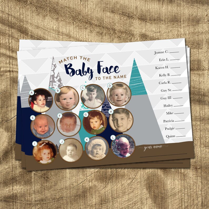 Baby Boy Adventure Awaits Baby Shower Match the baby face to the name co-ed baby shower Unique Shower Game Mountain Baby Shower Game