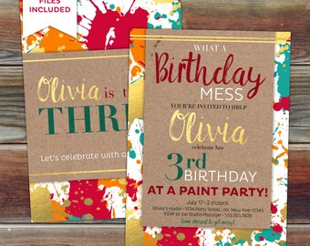 Paint Party Birthday Invitation, Girl's Birthday, Art party, Gender Neutral Birthday Invitation, Custom Birthday Invitation, Gold, Red