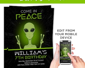 Editable Alien Birthday Invitations, Space Birthday Party Invitations, 6th Birthday theme boys, Alien Party, Instant download, Digital, UFO