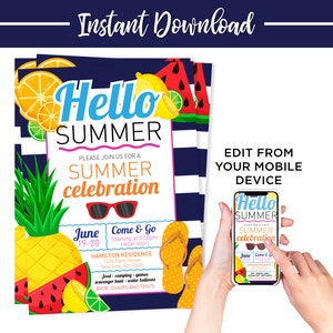 Puede incluir: Invitaciones de celebraci&oacute;n de verano con un fondo a rayas azul marino y blanco. Las invitaciones presentan el texto "Hello Summer" y gr&aacute;ficos de verano como gafas de sol, sand&iacute;as y limones. El texto "Instant Download" est&aacute; en la parte superior.