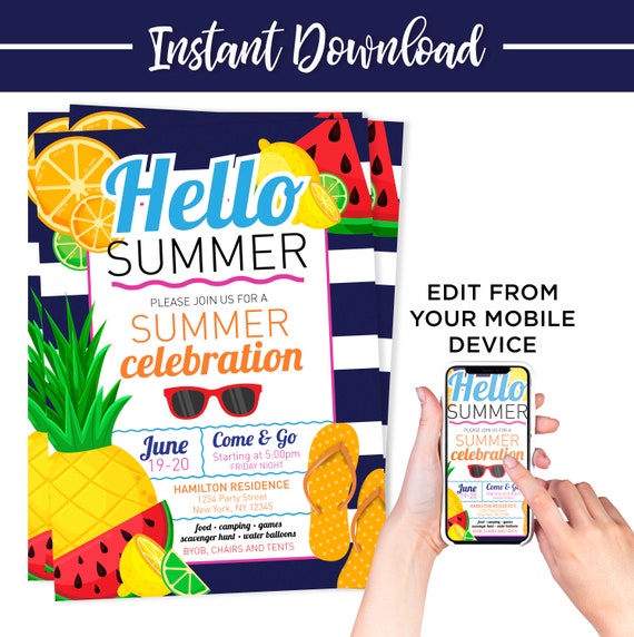 Editable Summer Party Invitations, Pool Party Invitations, Edit yourself, instant download, casual party, Beach Party, Hello Summer