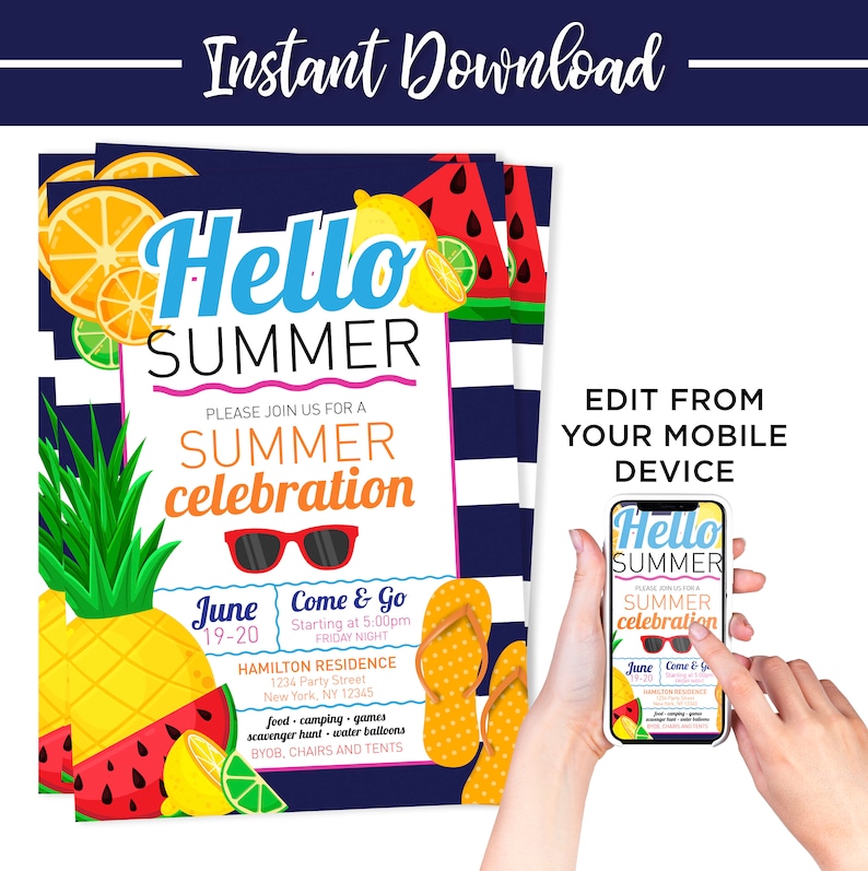 Puede incluir: Invitaciones de celebraci&oacute;n de verano con un fondo a rayas azul marino y blanco. Las invitaciones presentan el texto "Hello Summer" y gr&aacute;ficos de verano como gafas de sol, sand&iacute;as y limones. El texto "Instant Download" est&aacute; en la parte superior.
