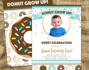 Donut Grow Up Birthday Invitation, Boys Birthday Invite, Blue and Gold invite, 1st Birthday, 2nd Birthday, Donut party, Modern birthday