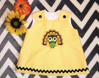 A line Newborn  Fall dress, owl/turkey dress, 0-3 months, baby personalized Dress, Thanksgiving photo outfit