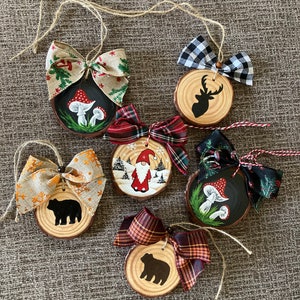 Wood Slice Christmas Ornaments.  Handpainted Wooden Ornament, natural wood slice 3,5-4 in