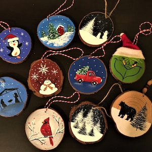 Wood Slice Christmas Ornaments.  Handpainted Wooden Ornament, natural wood slice 3,5-4 in