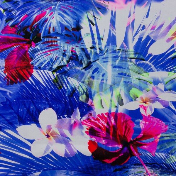Hawaiian Floral Blue Nylon Spandex Swim Knit