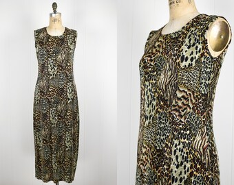 90-tals vintage djurtryck maxi sommarklänning med slits bak / Gepard, leopardmönster, dragspelstyg