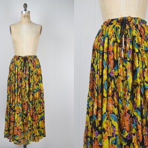 80er Vintage Gelb Orange Blumen Maxi Rock / 1980s Sheer Boho BlumenMuster