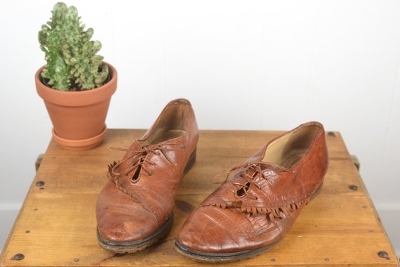 SIZE 8 Vintage 60s 70s Brown Leather Fringe Oxford Shoes  display picture 2