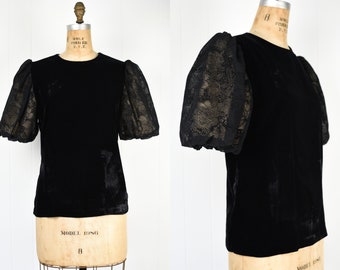 90s Black Velour Poof Sleeve Blouse /