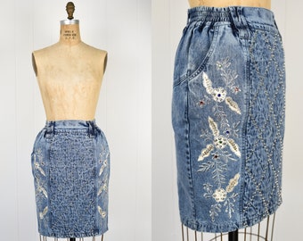 80s High-Waisted Acid Wash Denim Pencil Skirt / Embellished, Floral Beaded Design