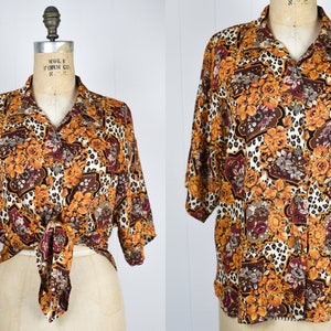 90s Orange Floral Animal Print Button Down Blouse / Retro Summer Front Tie