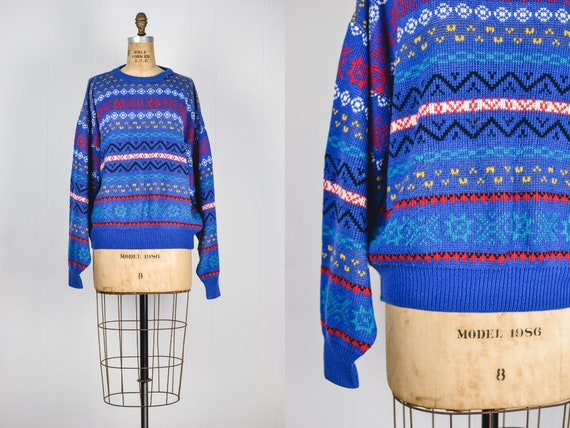 80s Vintage Blue Retro Oversized Sweater / 1980s … - image 1