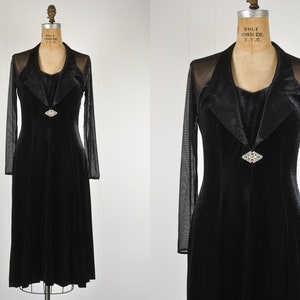 90s Vintage Black Velvet Witchy Midi Dress / Sheer Mesh Sleeves Collared