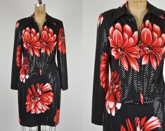 80s 90s Vintage Black Red Floral Print Two Piece Top Skirt Set / Shoulder Pads Shiny Fabric Back Slit