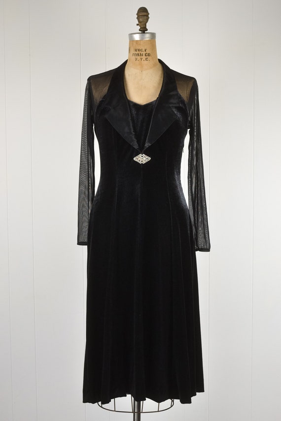 black velvet dress with mesh sleeves Black Velvet Embroidered Mesh Sleeve Dress main image 0