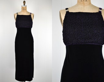 90s Vintage Purple Black Velour Dress with Side Slit / Vampy Evening Wear