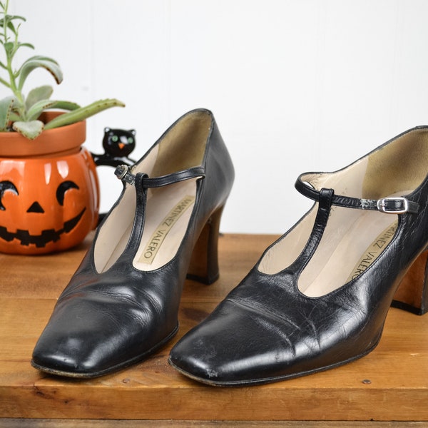 Vintage Black Leather T-Strap Heels Size 6.5, 37 EU / MARTINEZ VALERO Minimalist Shoes