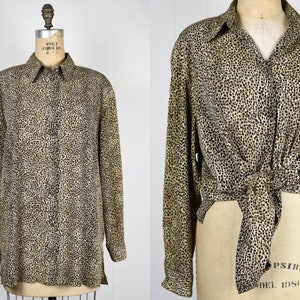 80s Vintage Animal Print Button Down Blouse / Collared Oversized Top