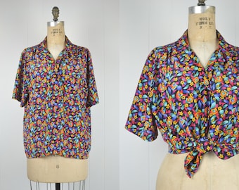 80s 90s Vintage Colorful Geometric Button Down Top / Rainbow Abstract Print Blouse