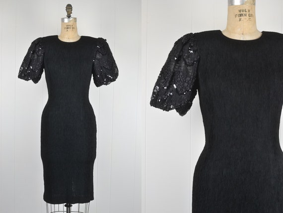 80s Vintage Black Midi Fitted Dress With Puff Sequins Sleeves / 1980s  Costume Party Union Made U.S.A. - Etsy