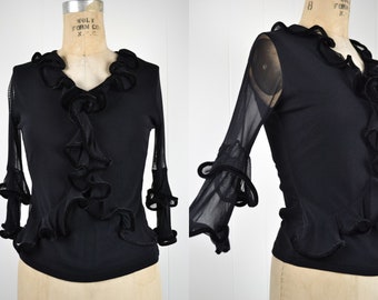 90s 00s Black Witchy Ruffle Blouse with Sheer Sleeves / Vampy Gothic Top