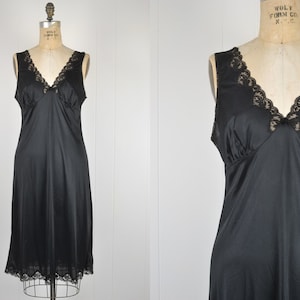 90s Vintage Black Nylon Lace Nightgown Slip Dress / ELIZABETH GORDON