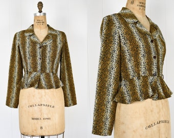 90s 00s Animal Print Button Down Peplum Blouse / Cheetah, Leopard Crop Top