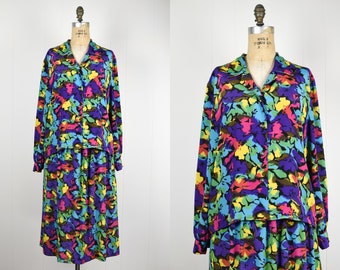 80s Vintage Rainbow Floral Blouse + Midi Skirt Set / Botanical Colorful Two-Piece