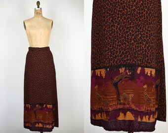 90s Animal Print Leopard + Giraffe Summer Skirt / Savanna Landscape