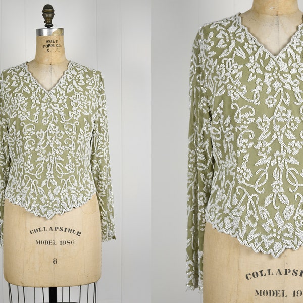 80s Sage Green Beaded Costume Blouse / Heavyweight Top, Art Nouveau