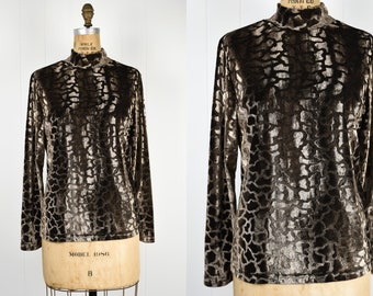 Jaren 90 Velvet Giraffe Print Turtleneck Blouse / Animal Print Top