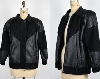 80s Vintage Black Leather Bomber Jacket / Oversized 1980s Coat
