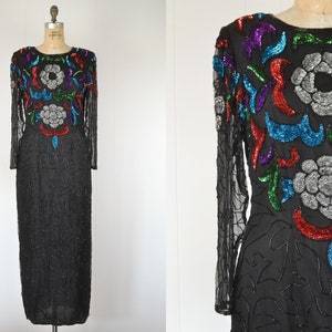 80s Vintage Colorful Sequins Beaded Black Maxi Dress with Shoulder Pads / Full Length Costume Party