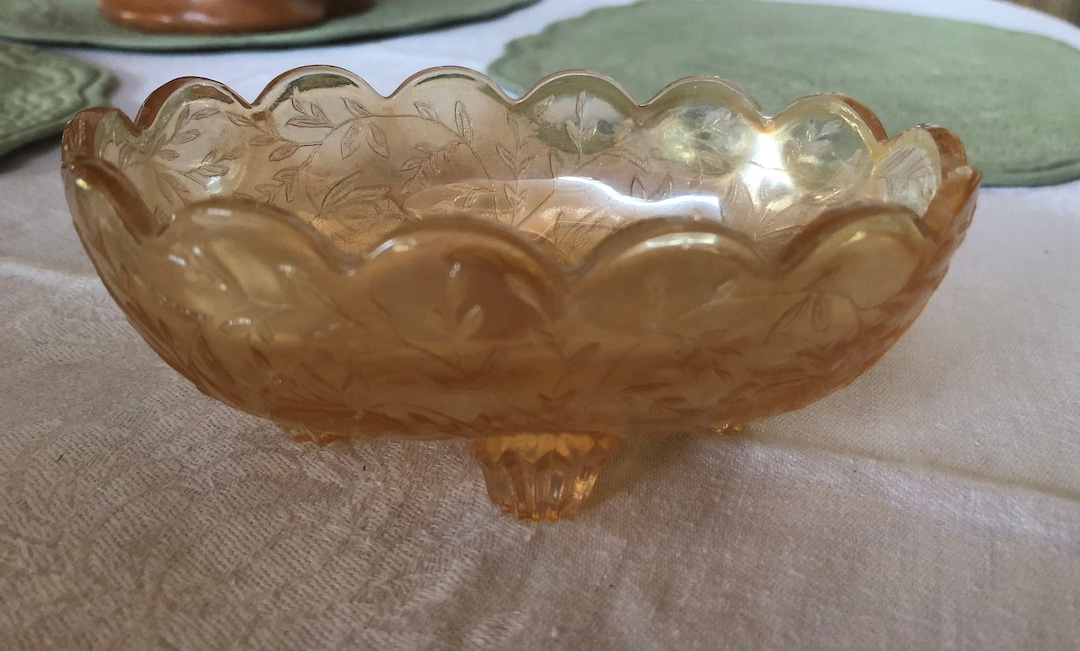 Vintage Orange Marigold Carnival Glass Oval Footed Open Candy Dish